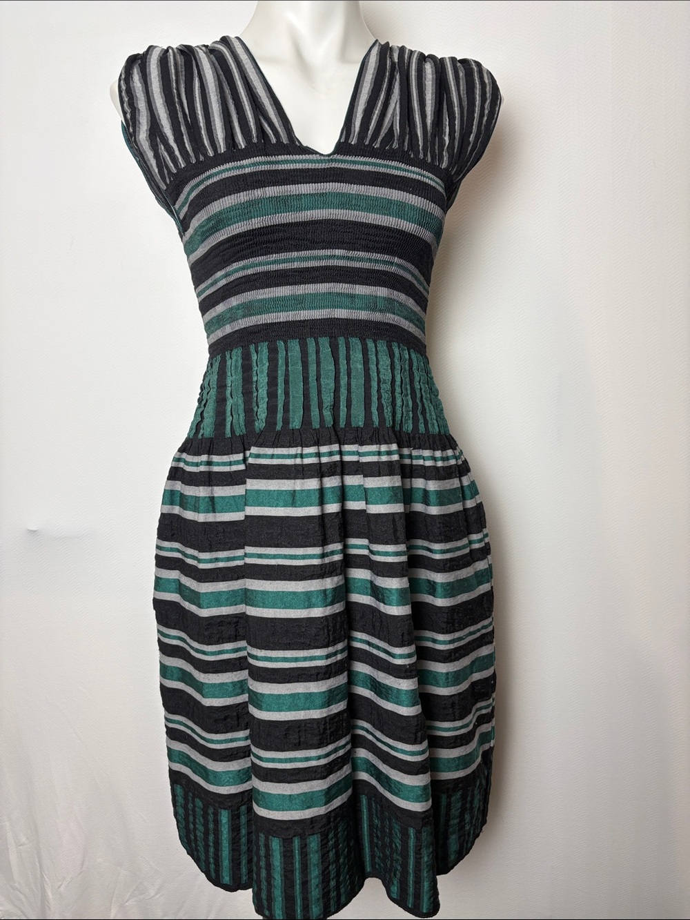 Striped Black, Gray and Teal V-Neck Midi Dress